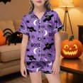thumbnail image 2 of Landzoo Halloween Toddler Girls Outfit Set Bat Print Short Sleeve Spread collar Tees With Shorts Set Girls Autumn Daily Cozy Outfit Size 2-3 Years Purple, 2 of 4