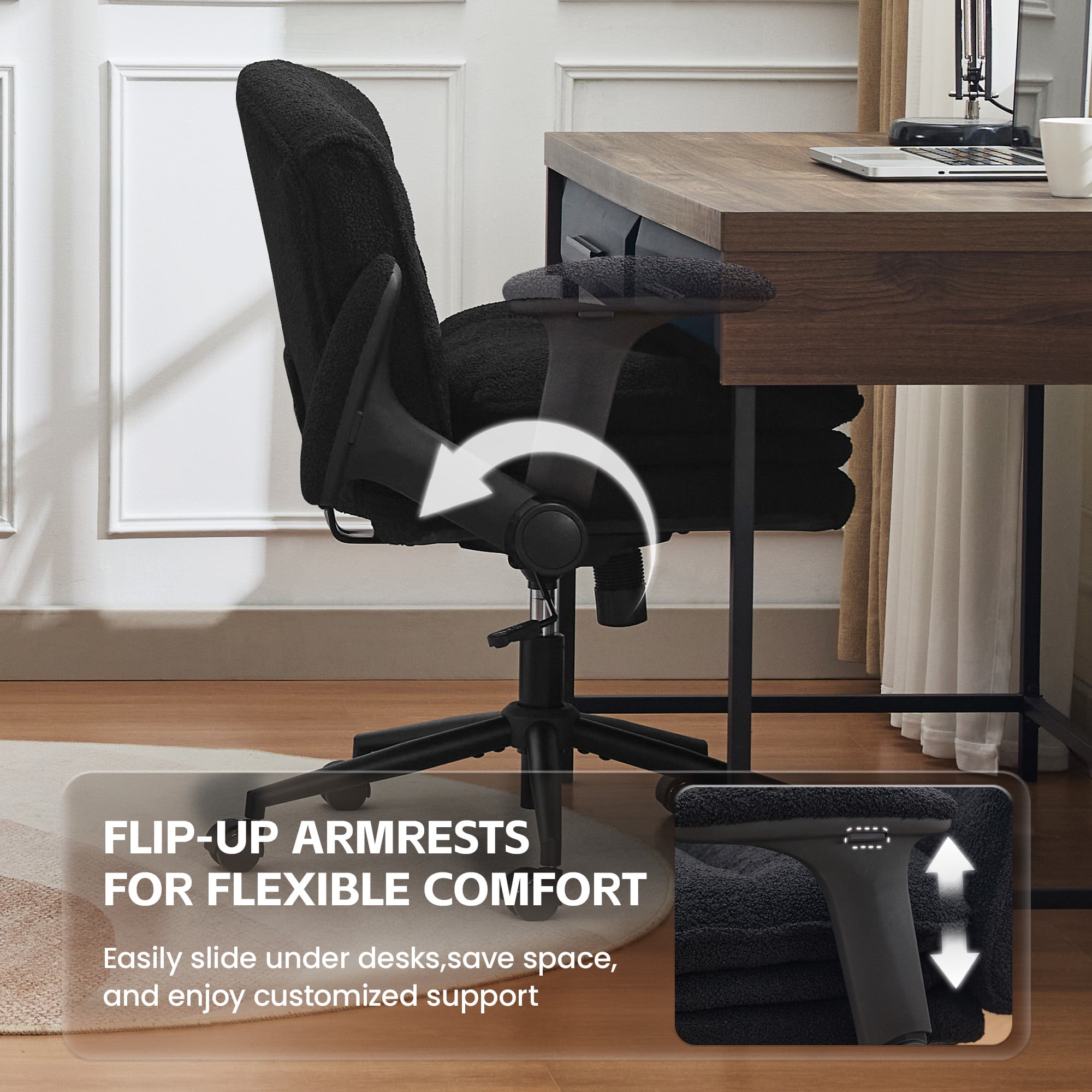DOMICARE Criss Cross Chair with Flip-Up Arms, Wide Cross-Legged Office Chair with Wheels, Swivel Vanity Desk Chair, Black Boucle
