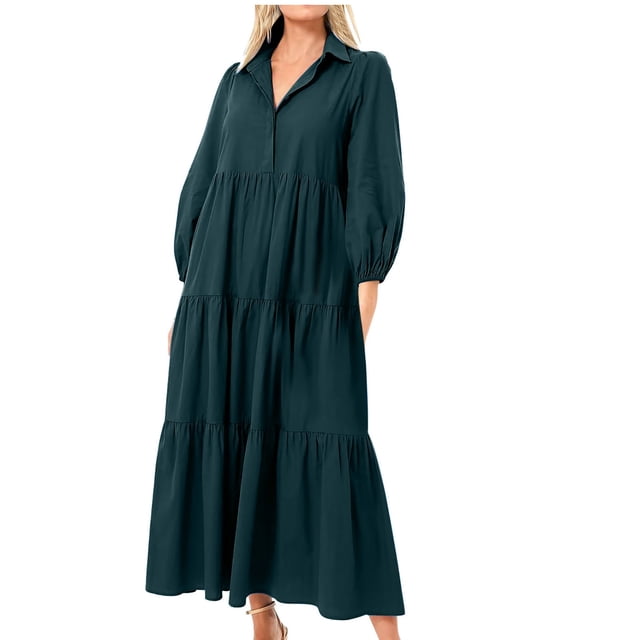 cfhntfmh Robes Fluides pour Femmes avec Encolure à Col, Fermeture à Boutons, Manches Longues et design Plissé à Étages. Cette Longue Robe maxi Ample de Couleur Unie Foncée Est Fabriquée avec un Tissu Confortable et Respirant, Idéale pour l'Automne, les Sorties Décontractées, les Vacances à la Plage Ou les Événements Formels.