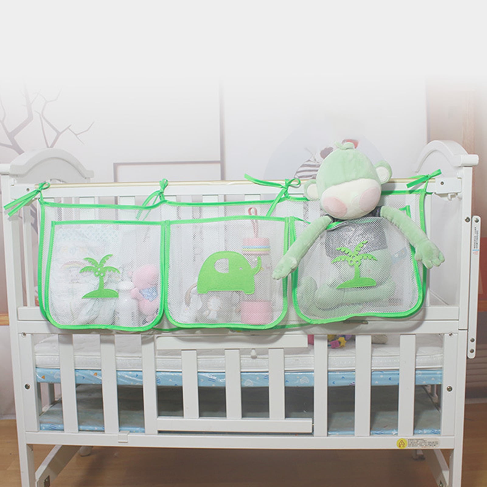 Trayknick Baby Crib Storage Bag 3 Pockets Saving Space Nylon Bedroom Bedside Hanging Organizer for Pacifier Yellow