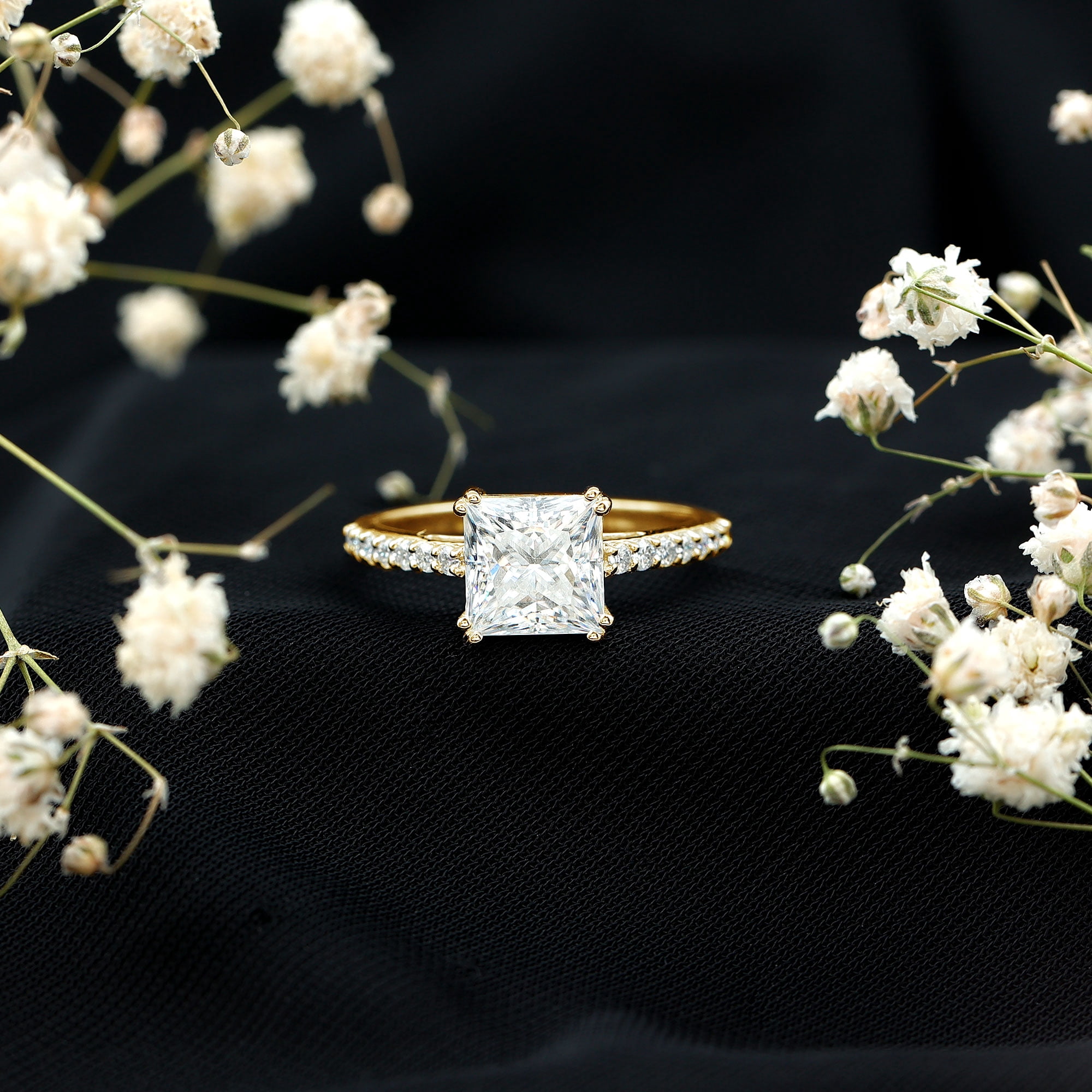Rosec Jewels Moissanite Solitaire Engagement Ring for Women (8 mm Princess Cut Moissanite, 3 Ct, D-VS1 Grade), 14K Yellow Gold, US 13.00