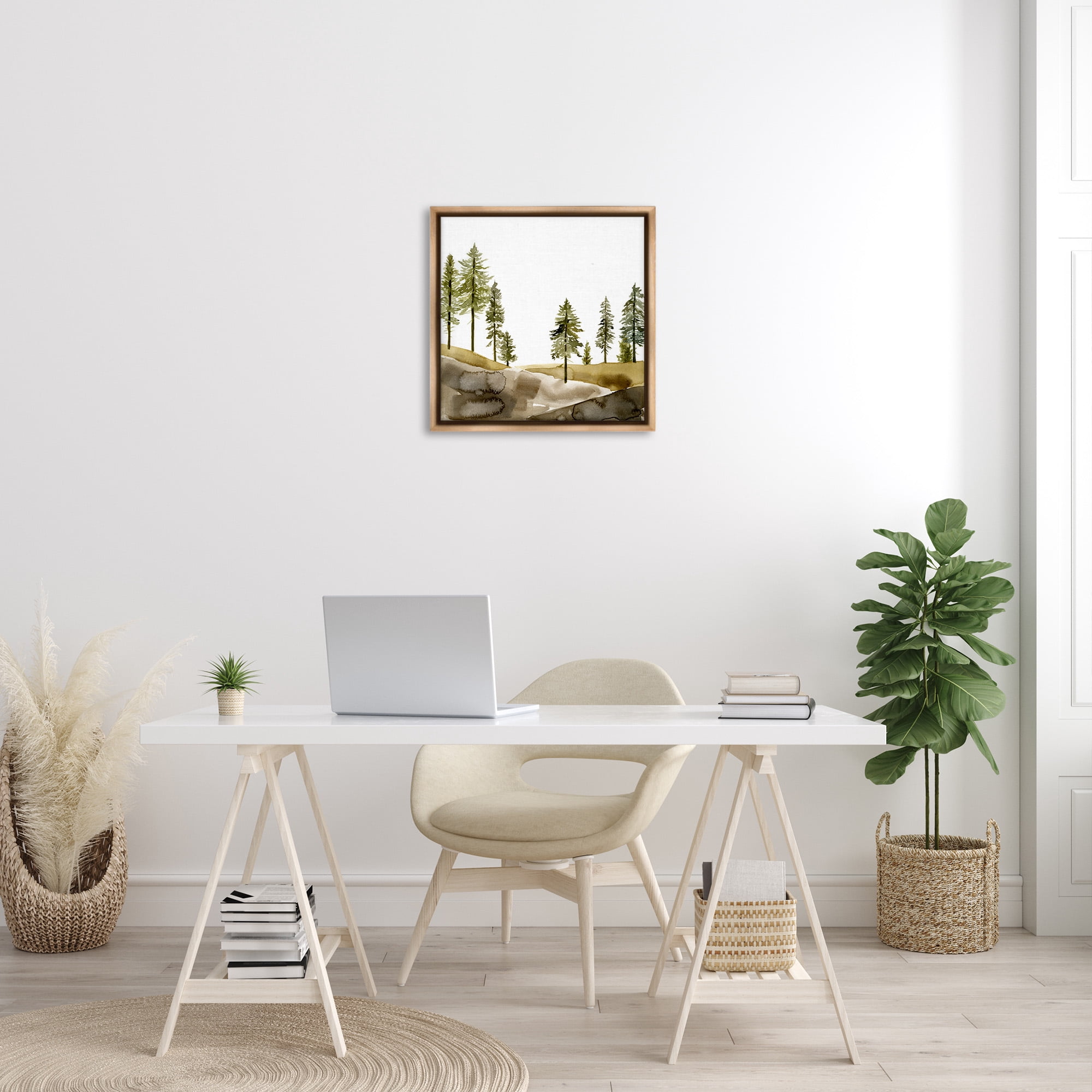 Stupell Industries Pine Tree Forest Watercolor Landscape Painting Brown Floater Framed Canvas Art Print Wall Art, 25 x 25