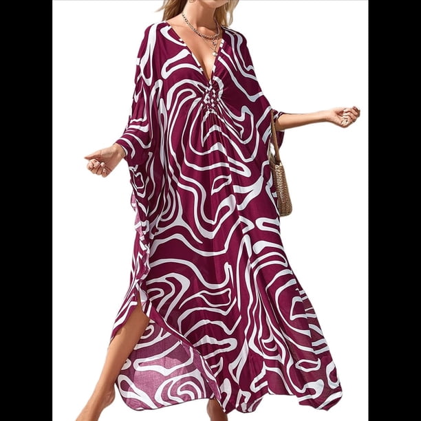 Vestido Caftán con Estampado Animal para Mujer, Talla Grande, para Playa, Verano 2025 y Rojo Talla Única