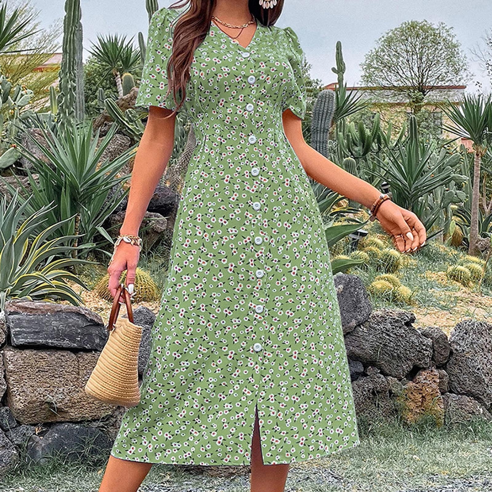 Pure Cotton Midi Green Floral Dress Indian Block Print Colourful Summer  Elegant Comfy Daywear Beach Outfit Front Button Down Casual Mommy -   Canada