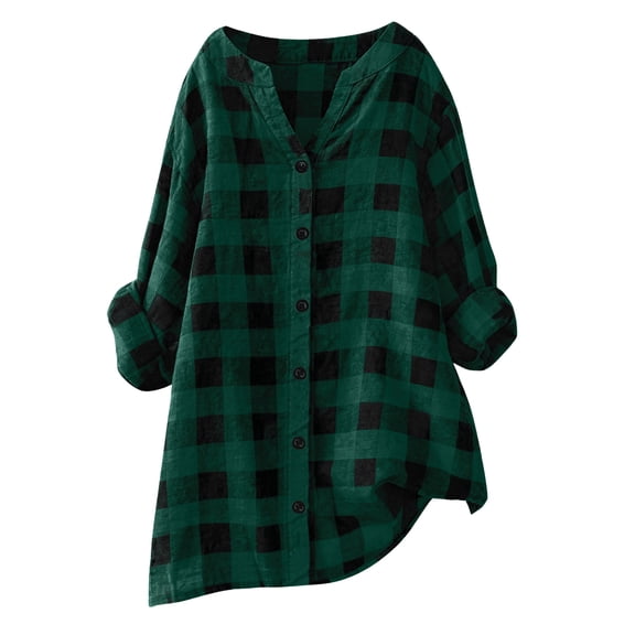 vigerkar Womens Plaid Shirts Oversized Button Down Shirts Long Sleeve Cotton Checkered Casual Blouse Top (Dark Green, 5XL)