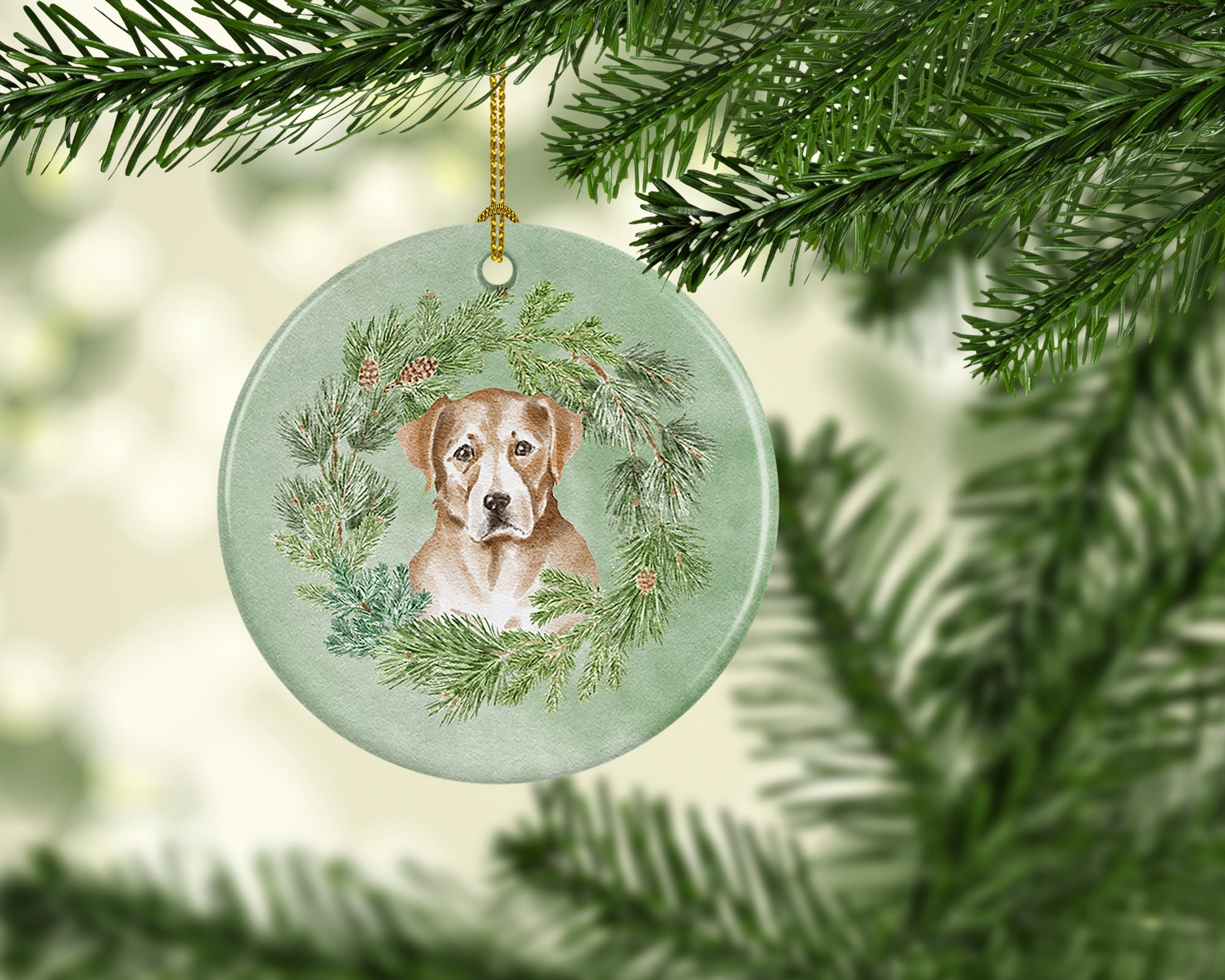 Labrador Retriever Yellow Christmas Wreath Ceramic Ornament 2.8 in x 2.8 in
