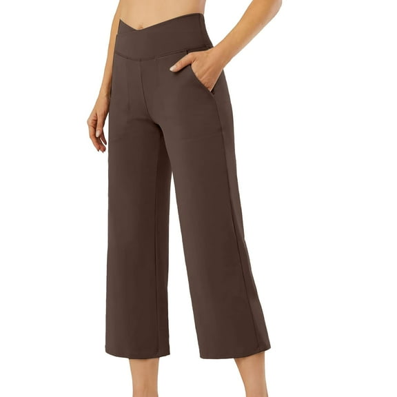 Capri Pants for Women Dressy Casual Plus Size Cross Waisted Wide Leg 7/8 Length Pants Tummy Control Lightweight Breathable Trendy Gaucho Pants with Pockets Brown 2XL