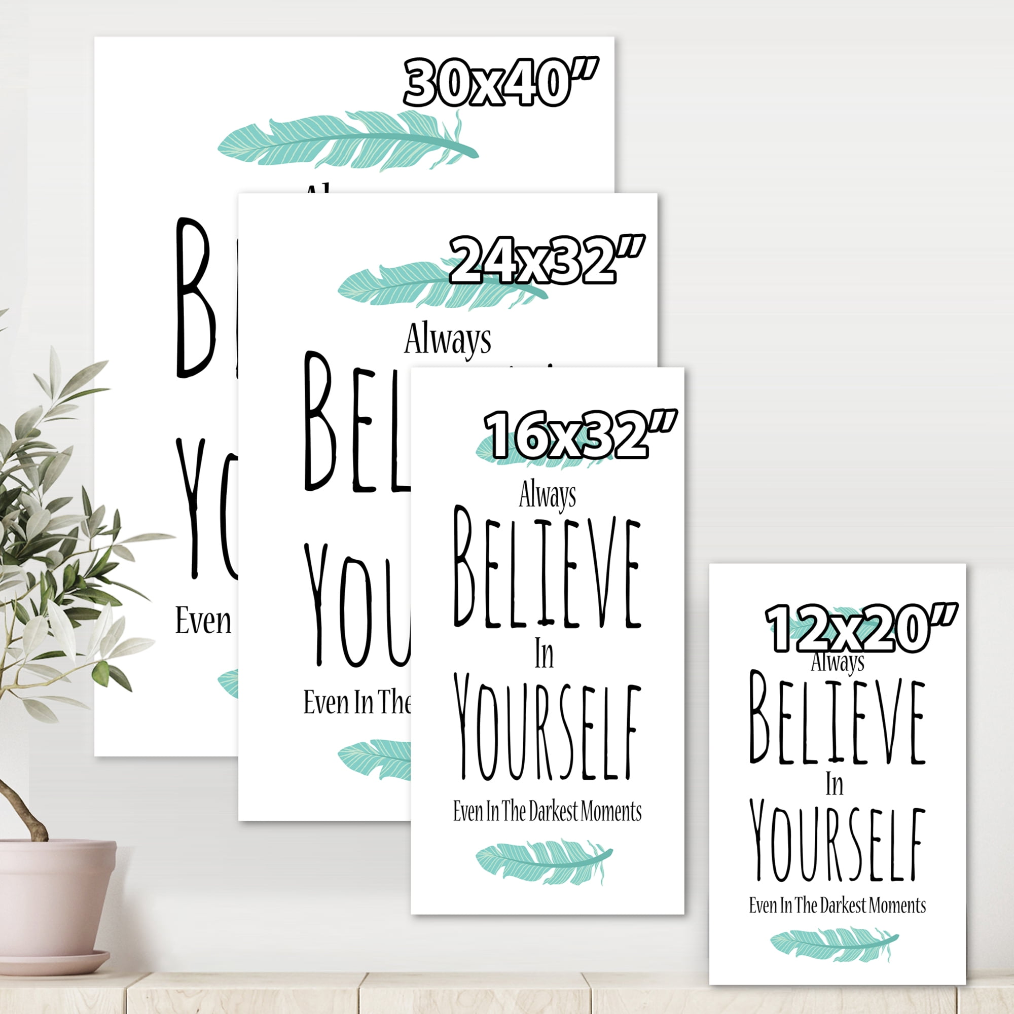 Designart ' Believe In Yourself Quote On White ' Traditional Canvas Wall Art Print
