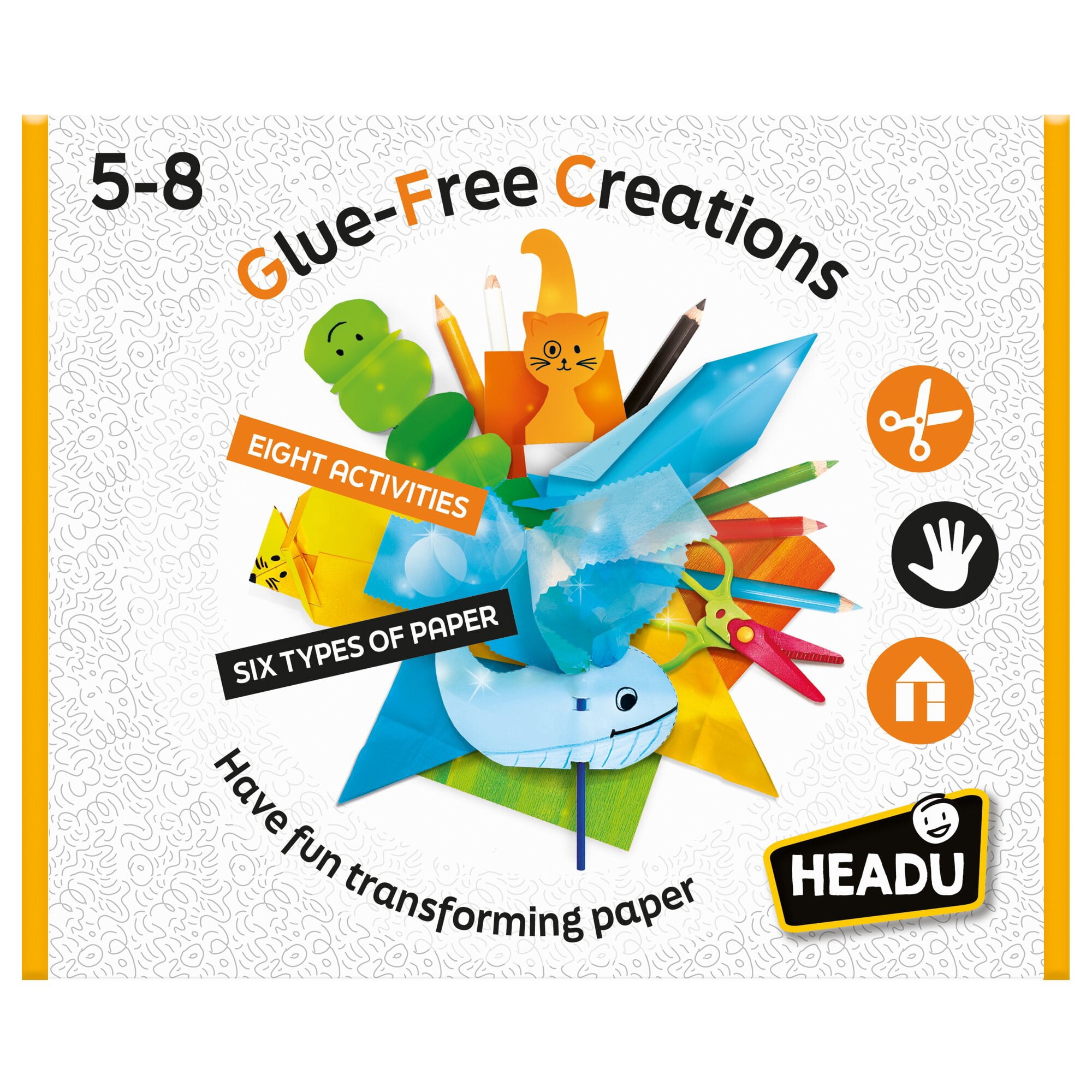 Headu: Glue-Free Creations - DIY Craft Kit, Transform Paper Into Artwork Creations, Cut-Fold-Insert, 6 Color Pencils, 8 Craft-Art Activities, Kids 5+