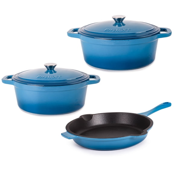 BergHOFF Neo 5pc Cast Iron Oval Dutch Oven Set with 10" Fry Pan, 5qt. & 8qt., Blue