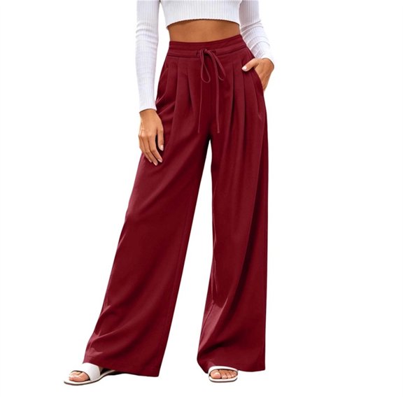Byworldtasic Women's Flowy Pleated Trousers Elastic Waist Loose Fit Palazzo Business Casual Lounge Pants with Pockets