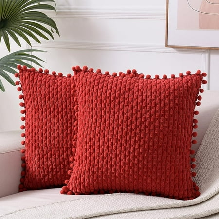 

Fancy Homi 2 Packs Red Big Decorative Throw Pillow Covers 16x16 Inch with Pom-poms for Couch Bed Sofa Rustic Farmhouse Boho Home Decor Soft Striped Corduroy Accent Square Cushion Case
