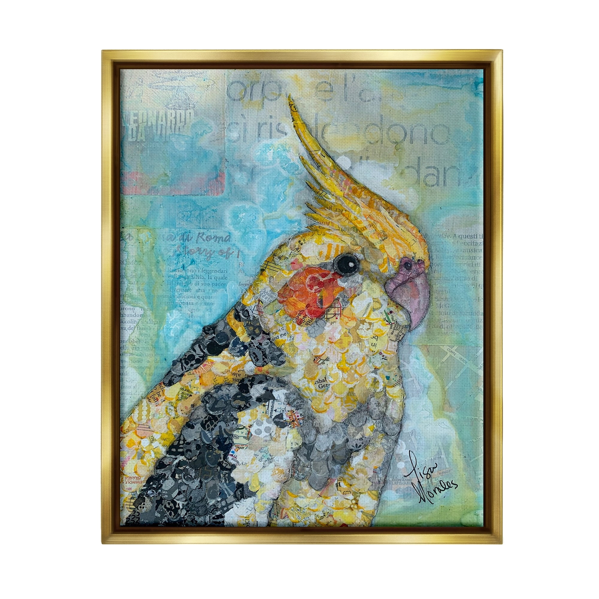 Stupell Industries Jolly Cockatiel Bird Assorted Layered Animal Collage Painting Metallic Gold Floating Framed Canvas Print Wall Art, Design by Lisa Morales