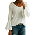thumbnail image 2 of Aueoeo Flare Long Sleeve Shirts for Women Casual V Neck Top Pleated Blouses Spring Fall Tunics Shirts, 2 of 3