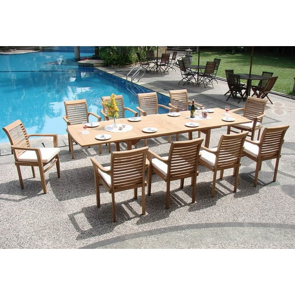 Teak Dining Set:10 Seater 11 Pc - Large 117" Mas Rectangle Table (Trestle Leg) And 10 Mas Stacking Arm Chairs Outdoor Patio Grade-A Teak Wood WholesaleTeak #WMDSMSh