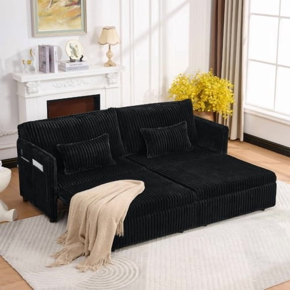 76" Corduroy Sleeper Loveseat Couch, Pull-Out Couch Bed with usb ports and side pockets, Convertible Loveseat Sofa Bed with sturdy frame for apartment small space use, Black