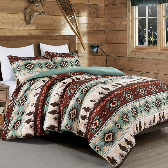 Audun 2-Piece Southwestern Cowboys  Comforter Set - Multicolor Teal Brown Beige Tan Red Printed Washed Microfiber Bedding, Twin Size