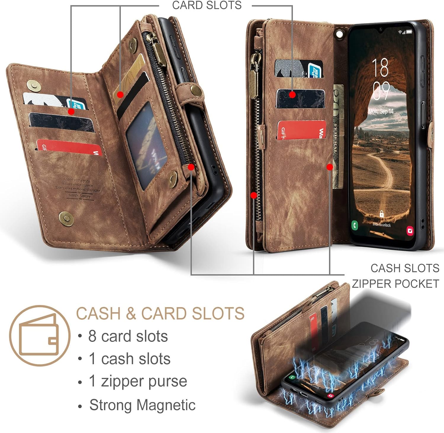 Phone Case for Samsung Galaxy A14 5G Zipper Wallet Detachable Cover with Tempered Glass Screen Protector and Leather Flip Credit Card Holder TPU Cell Accessories A 14 4G 14A G5 Women Men Brown