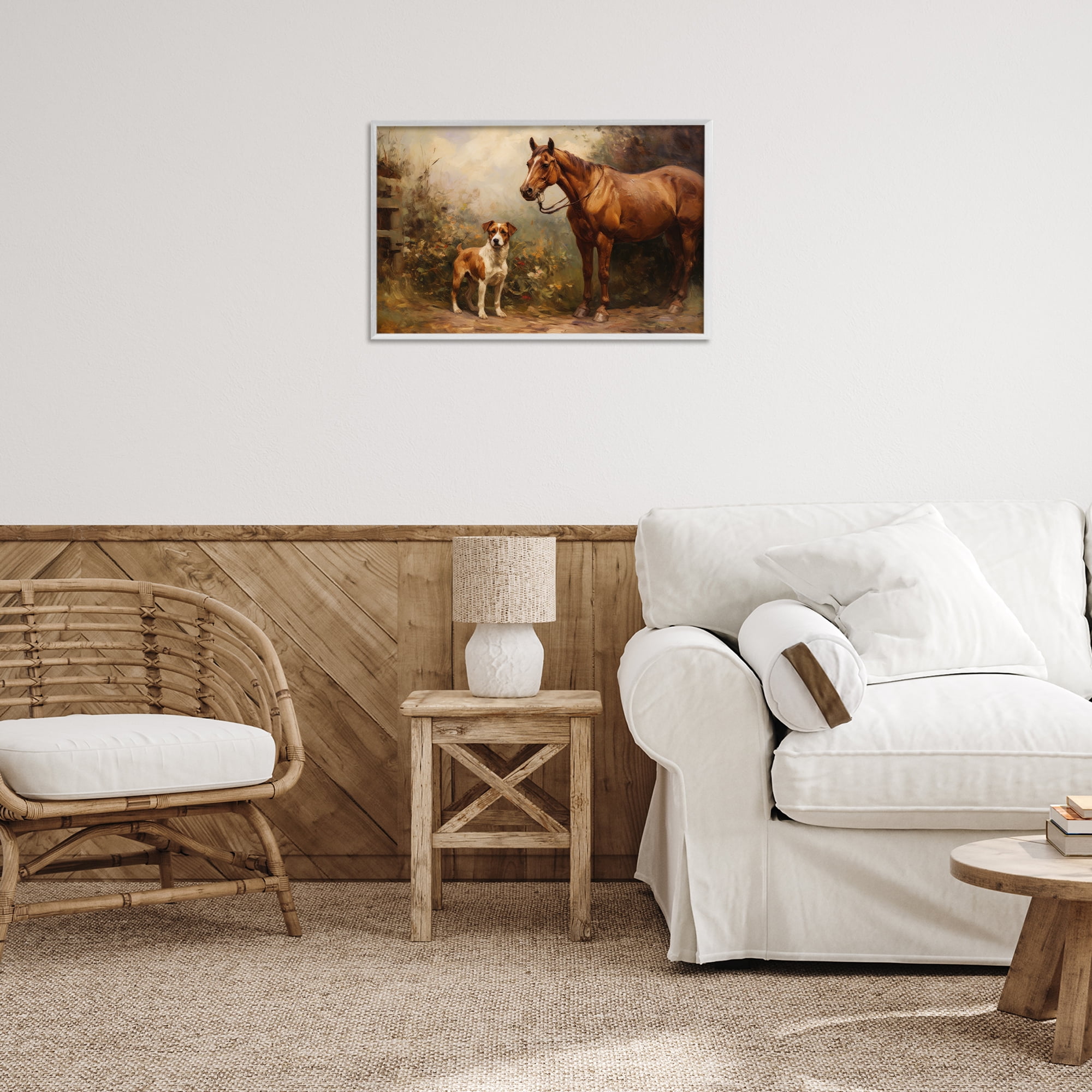 Stupell Industries Horse & Dog in Nature Landscape Painting White Framed Art Print Wall Art, 24 x 16