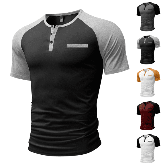 Mens Henley Shirts Raglan Short Sleeve Casual Baseball Tees Summer Classic Color Block Workout T- Shirts with Pocket Black M