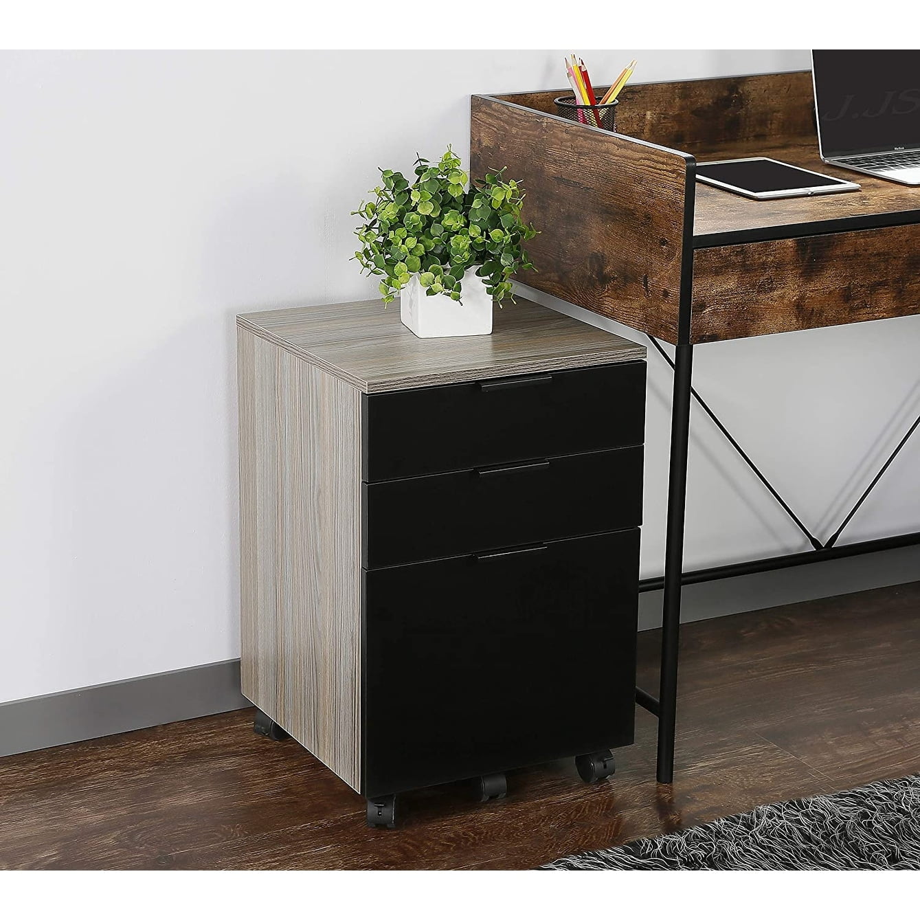 JJS 3 Drawer Rolling Wood File Cabinet with Locking Wheels for A4 or Letter Size Black Drawer