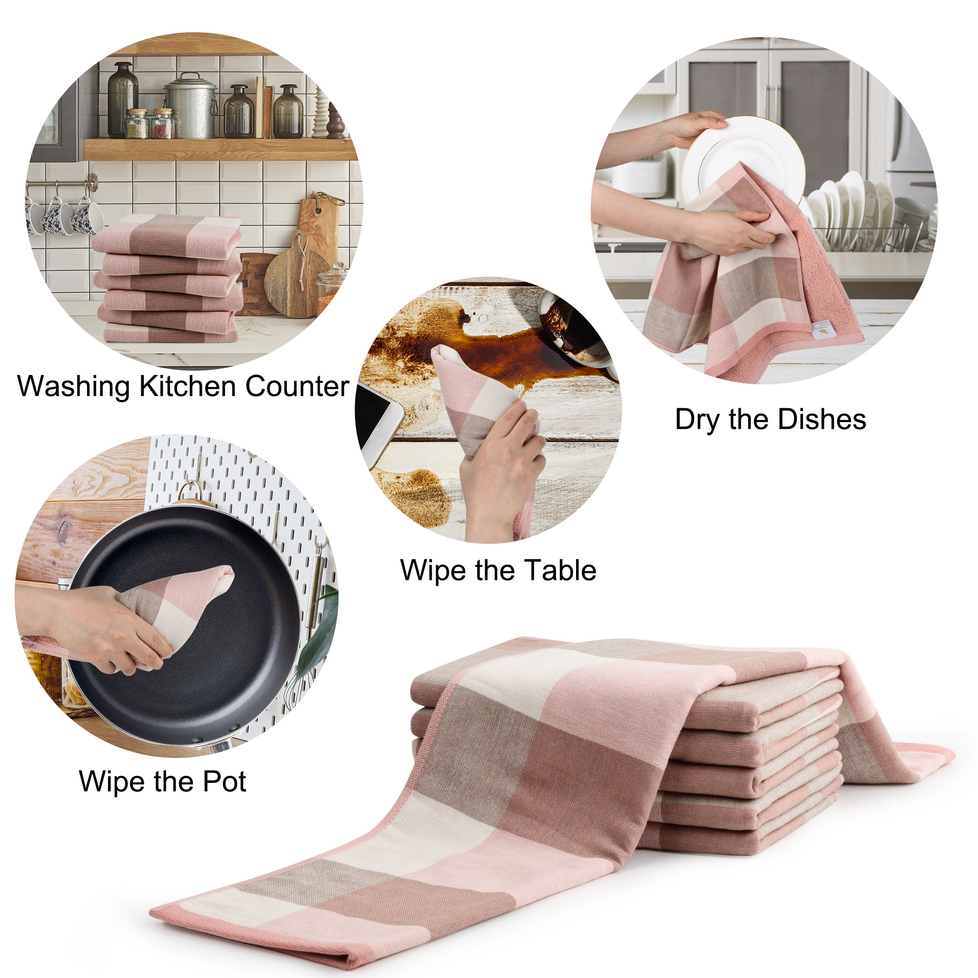 Unique Bargains 6-Pack 100% Cotton Absorbent Kitchen Towels 13" x 29" Pink