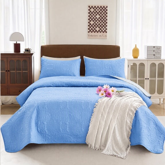 1PC Reversible Quilt Bedding, Soft Geometric Embossed Bedspread, Lightweight All-Season Coverlet for Bedroom Guest Room,Vibrant Blue,Small Size