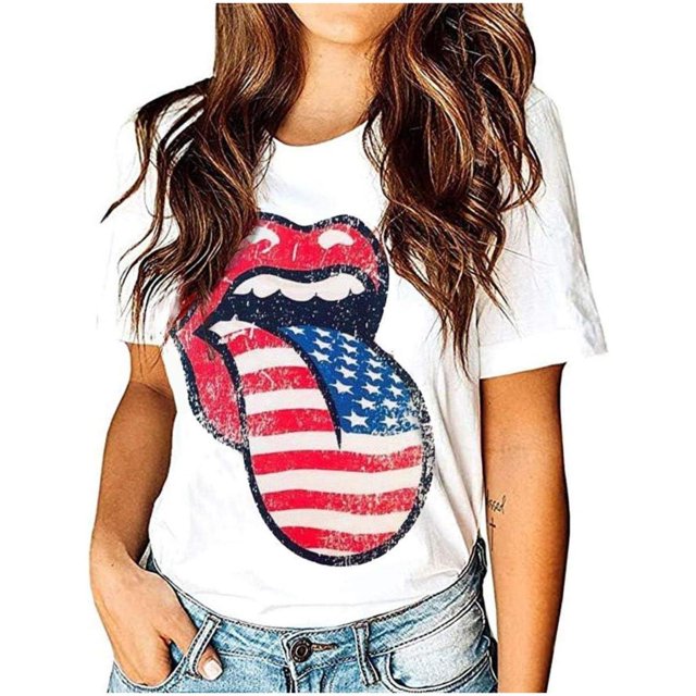 Womens American Flag Lips T-Shirt Funny July 4th Independence Graphic Tees Tops