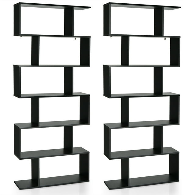 Gymax 2 PCS 6 Tier S-Shaped Bookshelf Storage Display Bookcase Z-Shelf Black