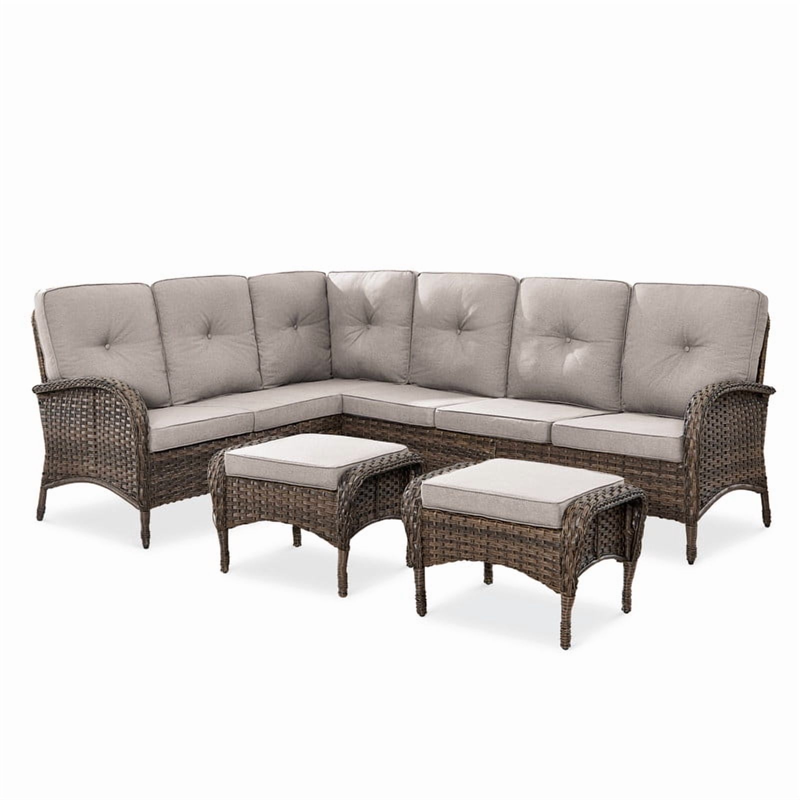 PARKWELL Outdoor Sectional Sofa Furniture Set,Patio Wicker L Shaped Couch High Back Conversation Set with Ottomans for Garden Yard,Brown Wicker Beige Cushion