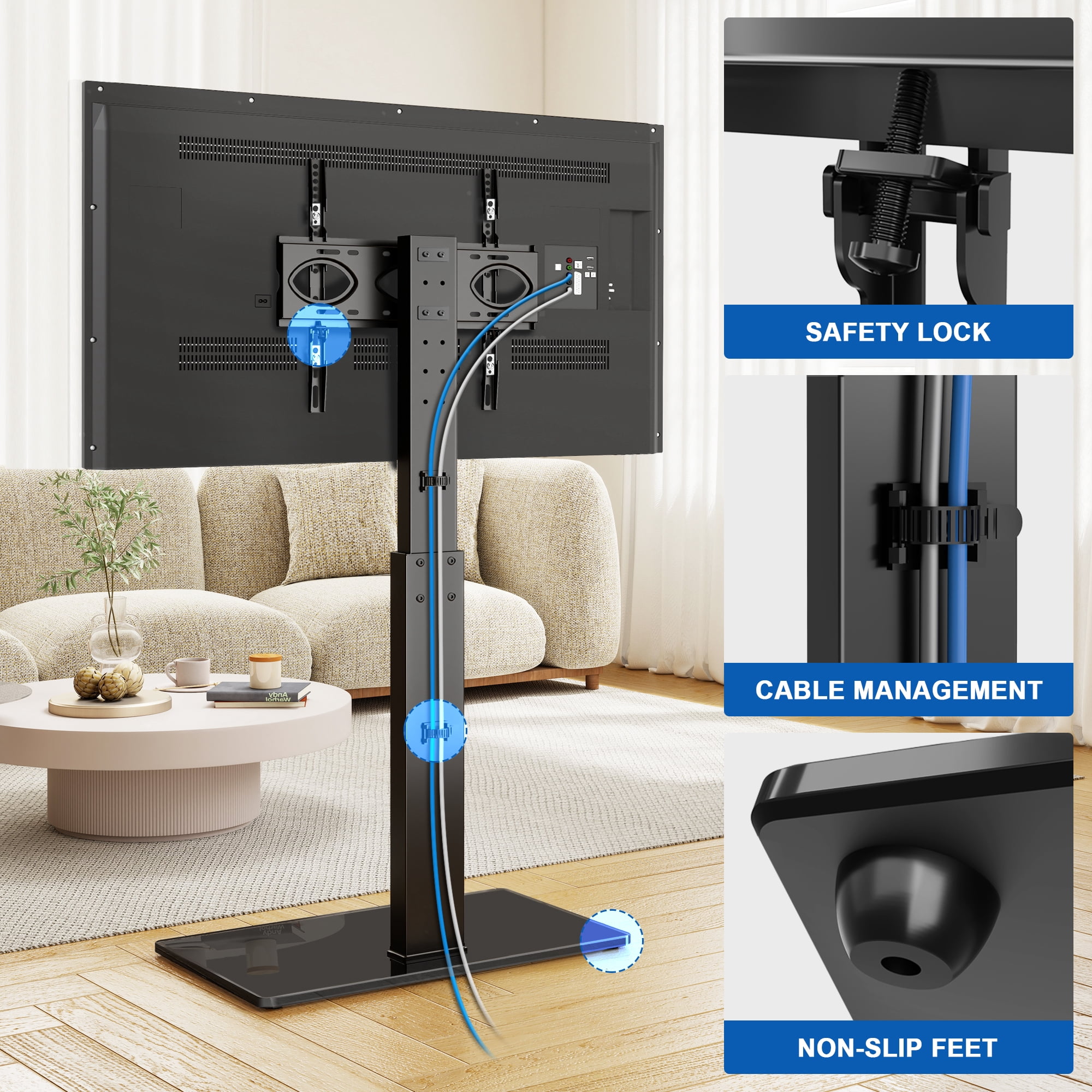 RTVR Swivel Floor TV Mount Stand for 32 to 75 inch Flat Screens up to 110 lbs,  Modern Adjustable TV Stand Pole, Max VESA 400x400mm