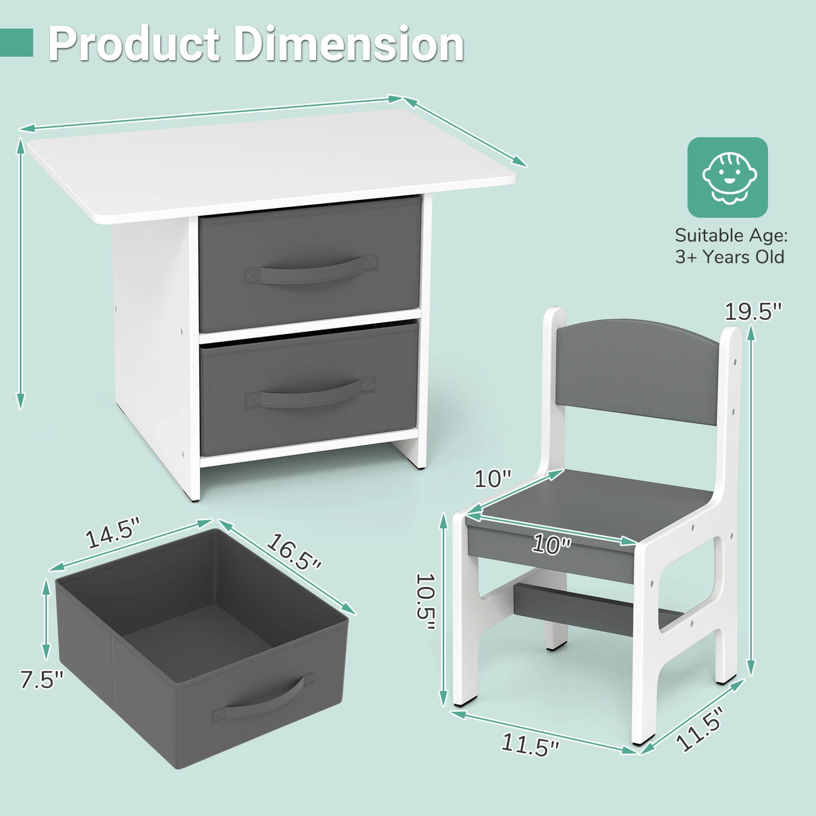 Costway Babyjoy Kids Art Play Wood 2-Piece Chair and Storage Activity Table Set, Grey/White