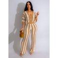 thumbnail image 2 of Women's Stripe Knit Top and Wide Leg Pants Set, Short Sleeve Two Piece Outfit, 2 of 5