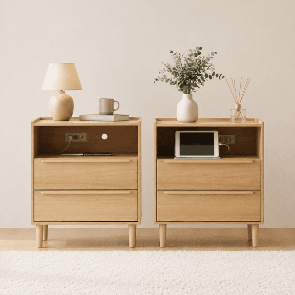 VITALOOM 2 PACK Natural Oak Charging Nightstands, USB-C Bedside Tables with 2 Drawers, Open Shelf and Raised-Edge Top
