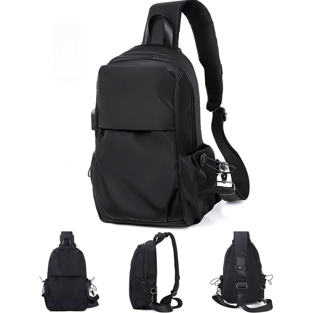 Mochila Bandolera Pequeña Negra con Correa para Hombre y Mujer, Mochila Liviana con Una Correa, Mochila para Viajes, Ciclismo, Puerto con Cargador USB, Nailon