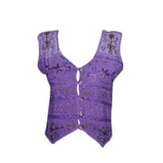 Mogul Women's Blouse Purple Embroidered Button Front Sleeveless Comfy Crop Top M