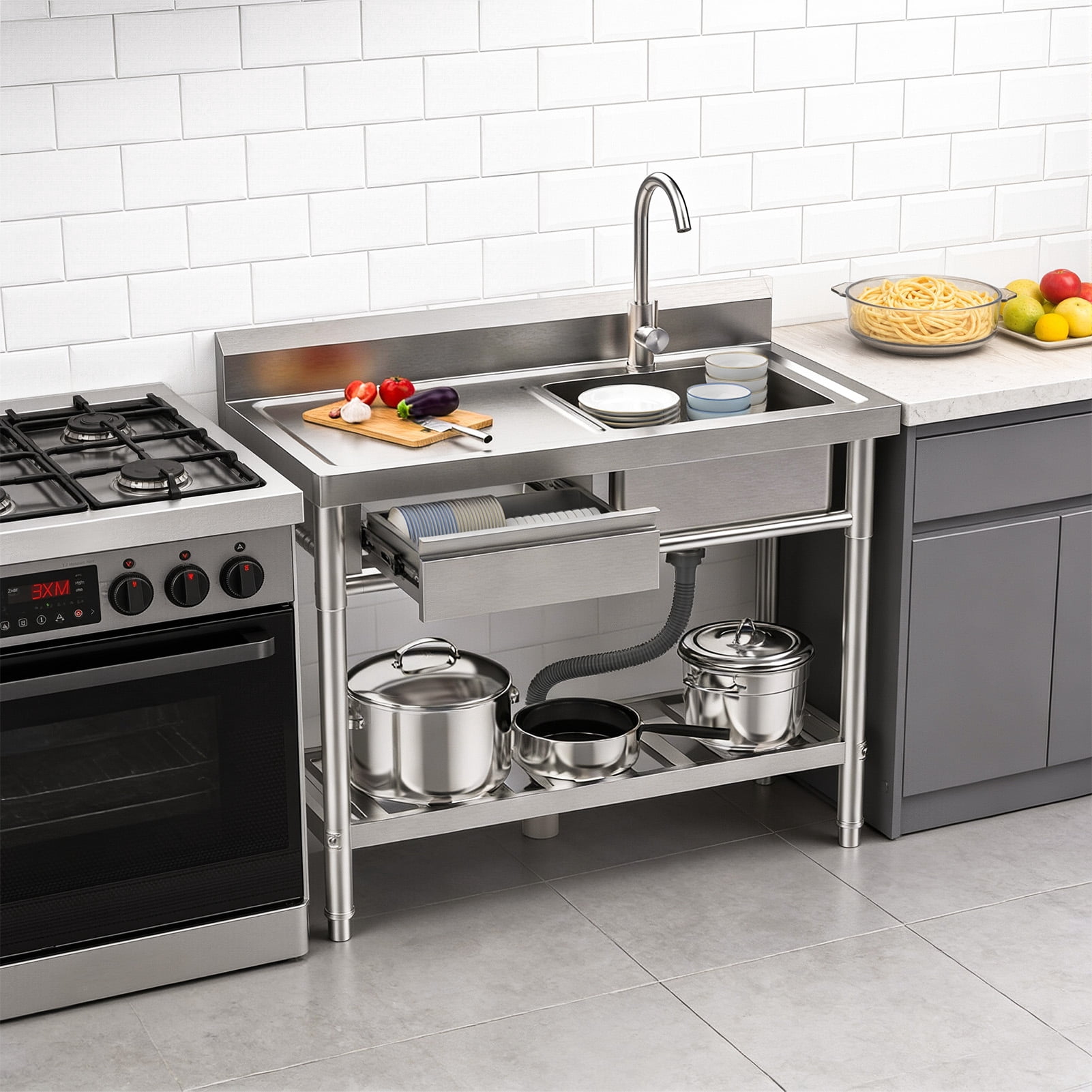 SHUO Y - Stainless Steel Sink with Drawer, Bottom Shelf, 39-Inch Free Standing Utility Sink with Cold Hot Water Faucet Hose, Single Bowl Sink for Indoor, Outdoor, Kitchen, Laundry Room