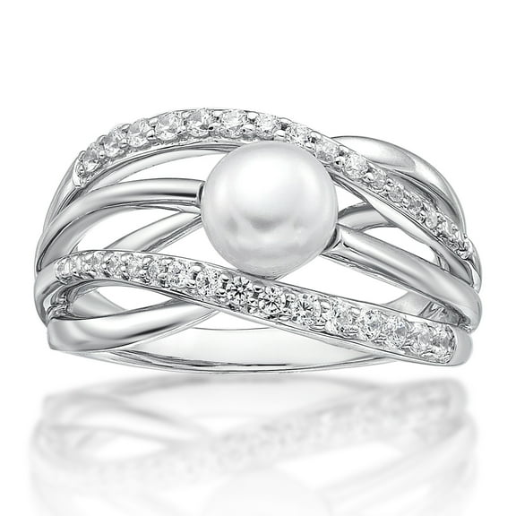 Brilliance Fine Jewelry 925 Sterling Silver Freshwater Pearl with Simulated White Diamond Criss Cross Ring