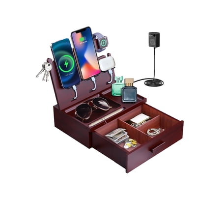 Wood Phone Docking Station with Drawer Nightstand Organizer Charging Station with QC 3.0 & PD USB C Fast Charger for iPhone Samsung Android Mens Jewelry Box Anniversary Birthday Gifts for Men