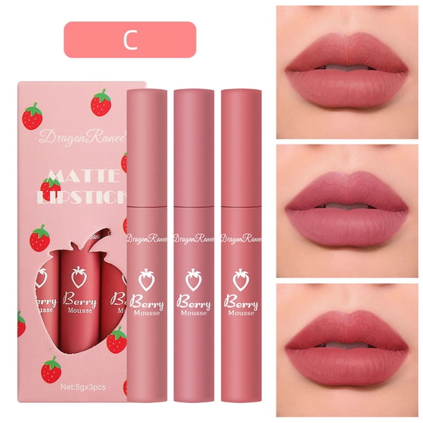 Fiudx Ofertas Del Día Juego De 3 Cajas De Fresas, Lápiz Labial Mate De Terciopelo, Brillo De Labios, Taza Antiadherente Femenina De 15Ml
