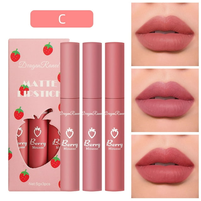 Fiudx Set de 3 Cajas de Fresas, Brillo Labial Mate Aterciopelado, Brillo Labial Femenino, Antiadherente, 15 Ml