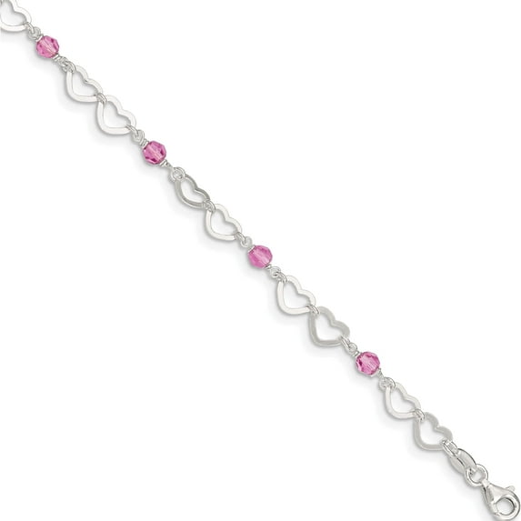 Sterling Silver Pink Beads And Polished Hearts 1In With Ext. Anklet Made In India qg3566-9