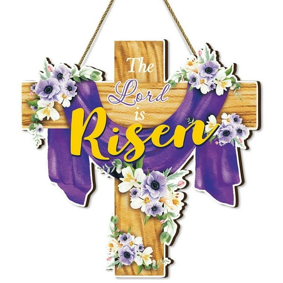 Nmdmisc Easter Door Sign He Is Risen Hanging Decor Religious Cross Sign Easter Wreaths for Front Door Outside Christian Flowers Door Hanger for Farmhouse Front Door Porch Wall Decor(11.81"x11.81")