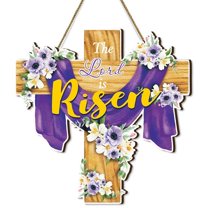 Nmdmisc Easter Door Sign He Is Risen Hanging Decor Religious Cross Sign Easter Wreaths for Front Door Outside Christian Flowers Door Hanger for Farmhouse Front Door Porch Wall Decor(11.81"x11.81")