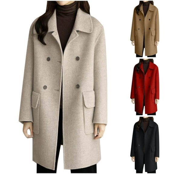 LOVZFMLL Women's Trench Coat Wool Blend Notched Collar Pea Coat Single Breasted Winter Overcoat Warm Long Sleeve Outerwear