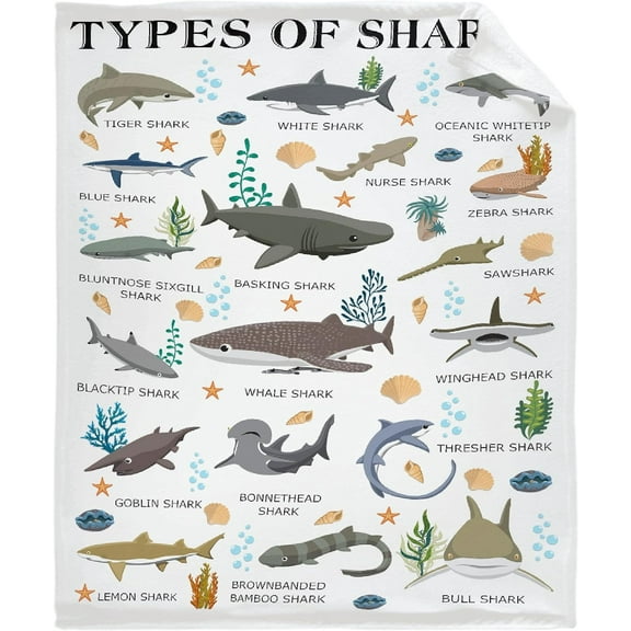 Shark Blanket Shark Gifts for Kids Shark Lovers Boys Adult Kids Blue Types of Sharks Plush Cozy Flannel Funny Animal Educational Throw Blankets 50"X40" Decor for Sofa Couch Bedroom Living Room Nursery