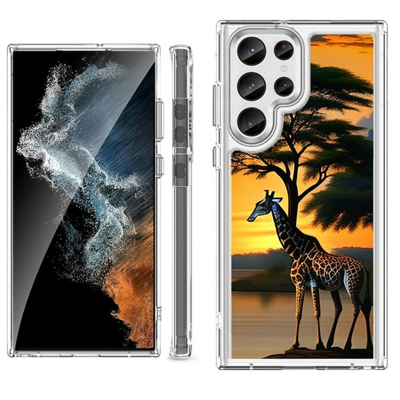 Shockproof Bumper Phone Case for Samsung Galaxy S23 Ultra 5G, by OneToughShield ® - Giraffe Sunset