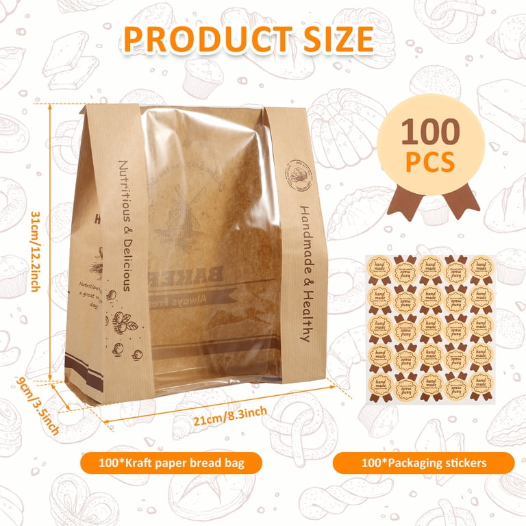 30 Pack Brown Toast Paper Bags With Window - Food Safe Bakery Bags For Bread & Snacks