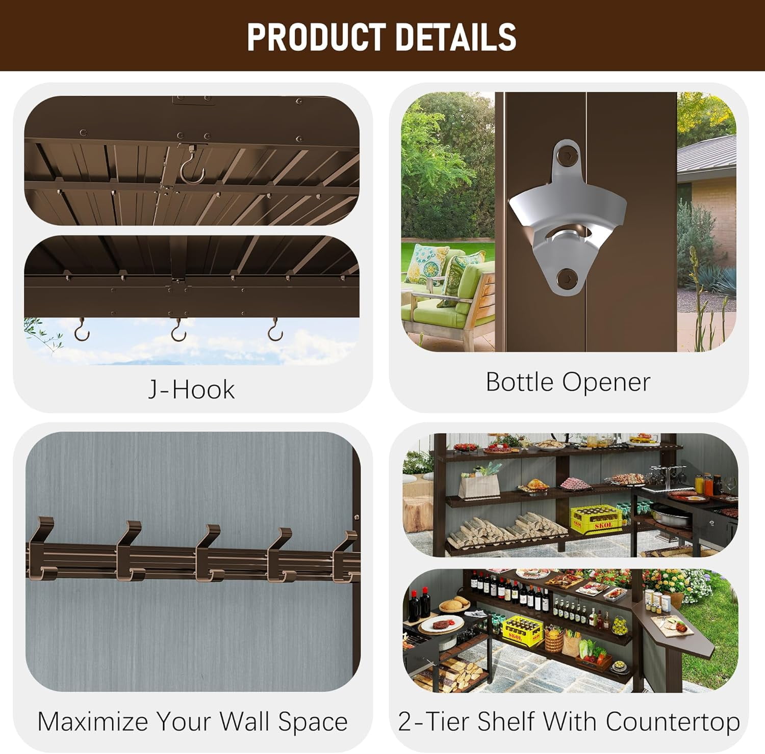 Domi 9x10 ft Hardtop Grill Gazebo, Metal BBQ Gazebo with Shelves and Side Platforms, Heavy-Duty Grill Canopy with Sloped Roof for Patio & Backyard, Brown