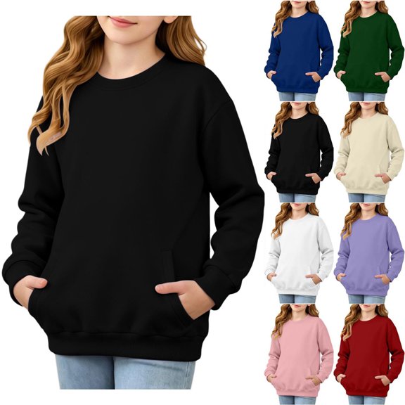 Girls Crew Neck Sweatshirt No Hood - Kids Fall Casual Solid Print Long Sleeve Pullover Tops with Pockets, 14 Years